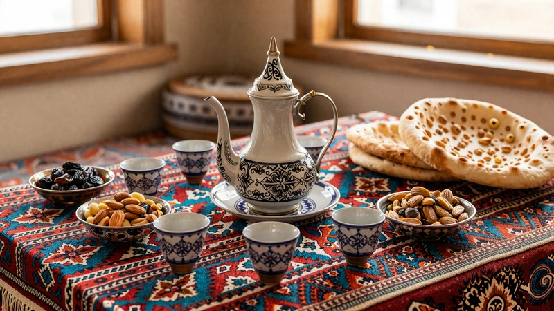 Traditional Tajik tea ceremony with ornate piala bowls and dried fruits on embroidered suzani cloth representing mehmondori hospitality in Tajik women dating culture