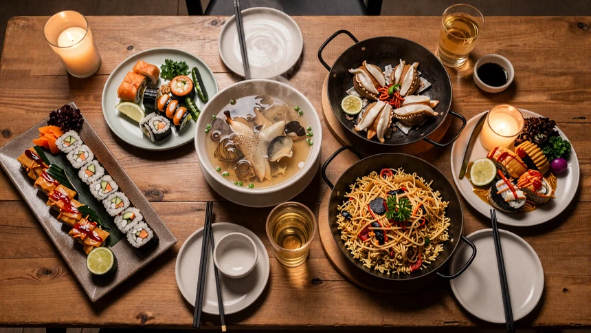 Asian cuisine date spread with sushi, pho, pad thai and biryani on a romantic candlelit table