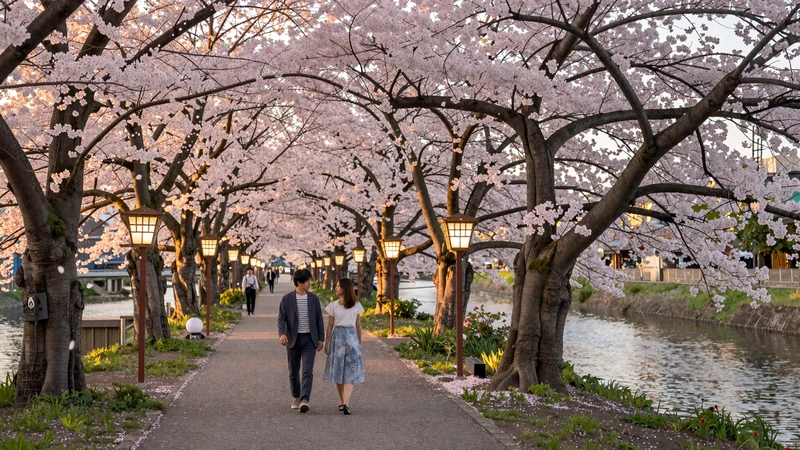 Cherry blossom lined river path in Japan representing romantic seasonal traditions in Japanese women dating