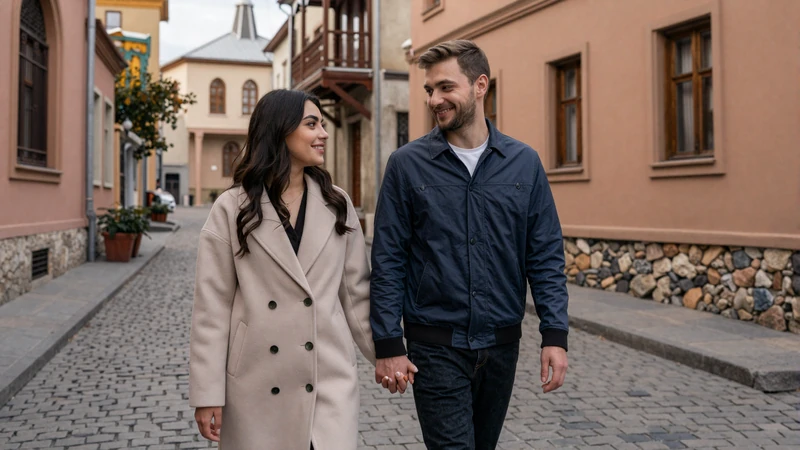 Armenian couple walking through Yerevan cobblestone streets representing cross-cultural Armenian women dating relationships