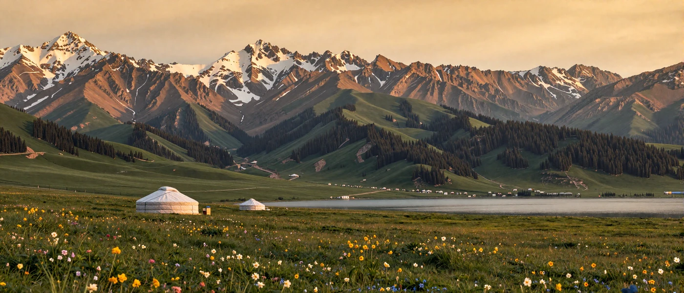 Tien Shan Celestial Mountains in Kyrgyzstan at golden hour with traditional yurt in alpine meadow representing Kyrgyz cultural heritage
