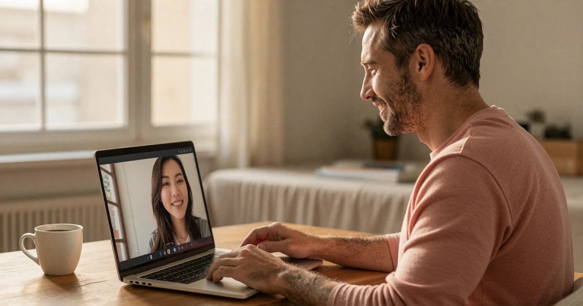Western man building trust through video chat with Asian woman in long-distance relationship