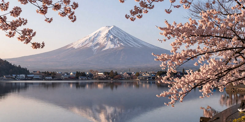 Mount Fuji with cherry blossoms representing East Asian culture and japanese women dating