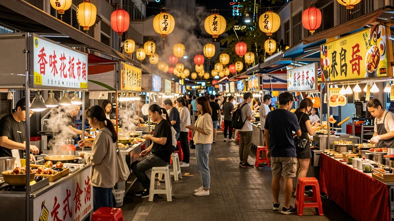 Vibrant Taiwanese night market with colorful food stalls and lanterns representing dating culture in Taiwan