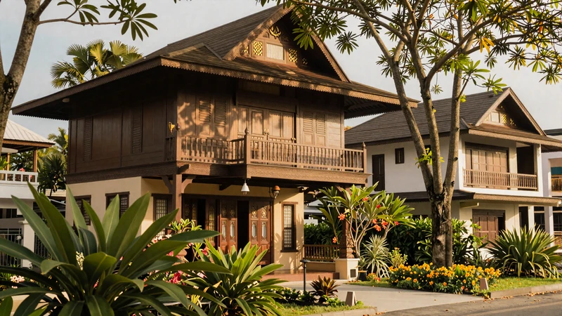 Traditional Bruneian Malay house with tropical garden in warm afternoon light representing peaceful Bruneian lifestyle for dating