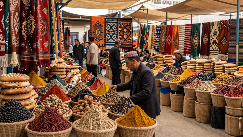 Traditional Uzbek bazaar with colorful spices dried fruits and atlas silk fabrics representing vibrant marketplace culture for Uzbek women dating