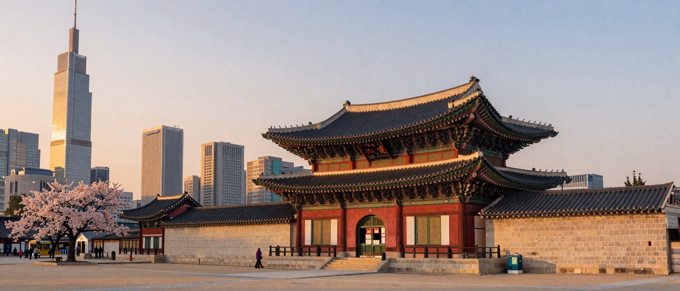 Seoul skyline blending Gyeongbokgung Palace tradition with modern Gangnam skyscrapers at golden hour for Korean women dating