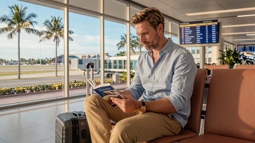 Man at airport departure lounge preparing for first trip to meet asian girlfriend overseas