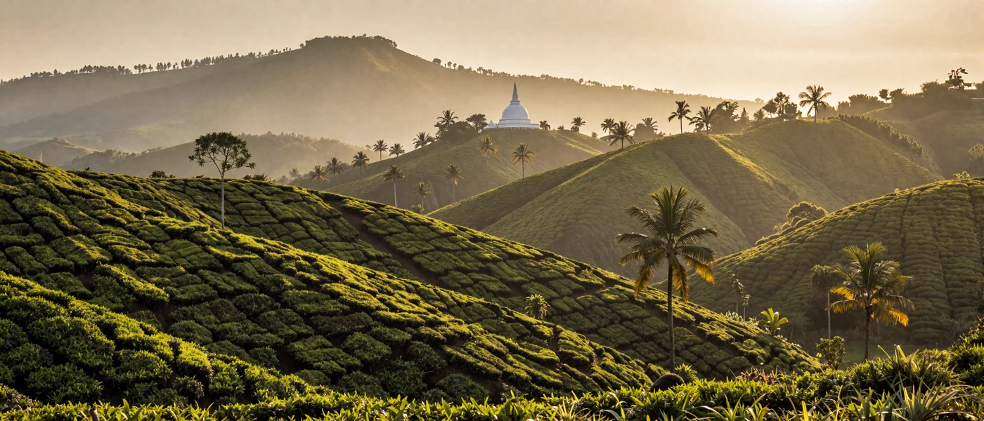 Lush green tea plantations in Sri Lanka hill country with Buddhist temple at golden hour representing Sri Lankan culture