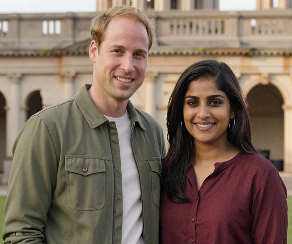 William and Priya smiling together at a historical landmark - cross-cultural dating success