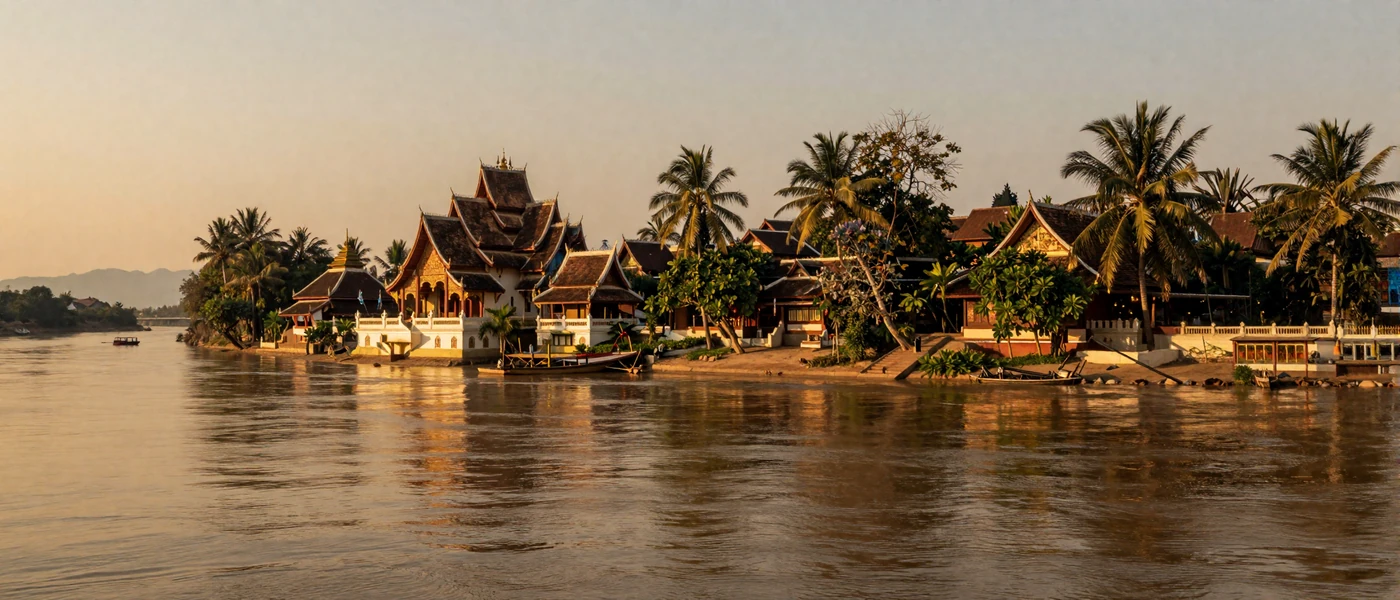 Golden hour over the Mekong River with traditional Lao temples and tropical palms representing the serene beauty of Laotian women dating culture