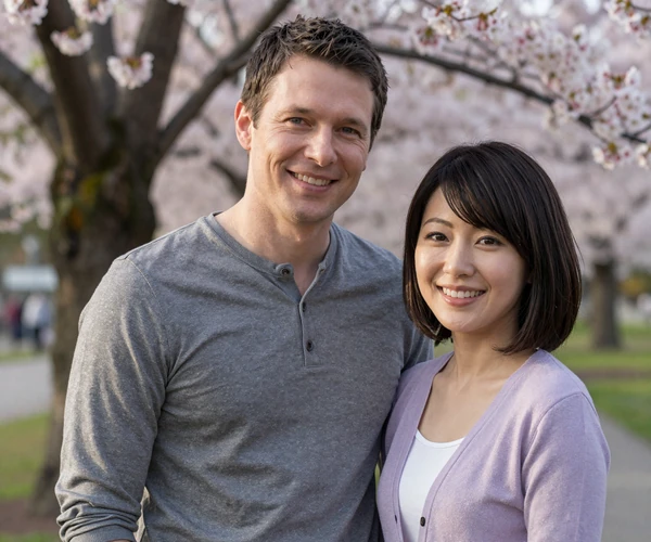 Steven and Yuki together under cherry blossoms - found love through online dating