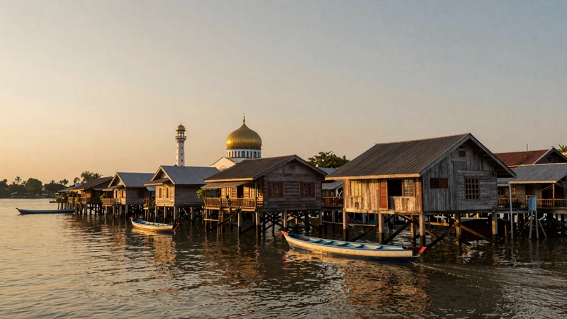 Kampong Ayer water village in Brunei at sunset representing traditional Bruneian lifestyle central to Bruneian women dating culture