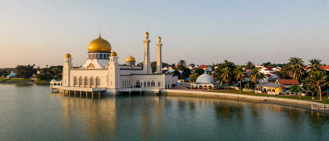 Brunei Darussalam waterfront with golden-domed mosque at sunset representing Bruneian cultural heritage and beauty