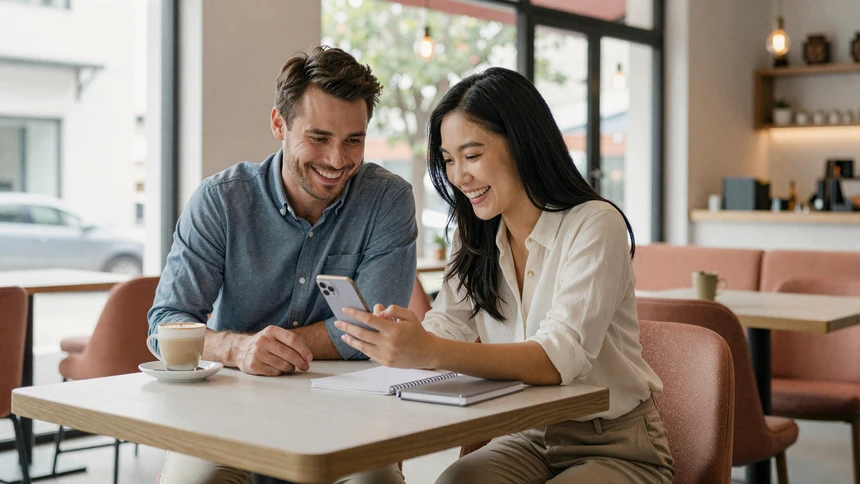 Couple laughing while using a translation app together at a cafe during an intercultural date