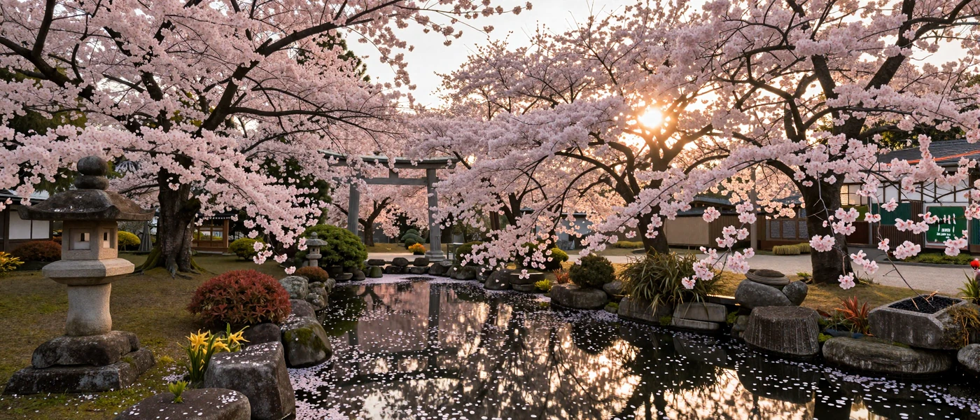Serene Japanese garden with cherry blossom sakura trees in bloom representing Japanese culture and dating traditions