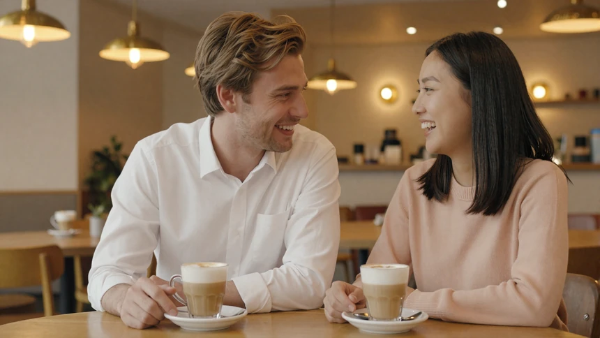 Western man on a first date with an Asian woman at a cozy cafe sharing genuine conversation