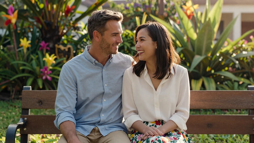 Happy interracial couple with age difference sitting in a sunlit garden, representing age gap asian dating success