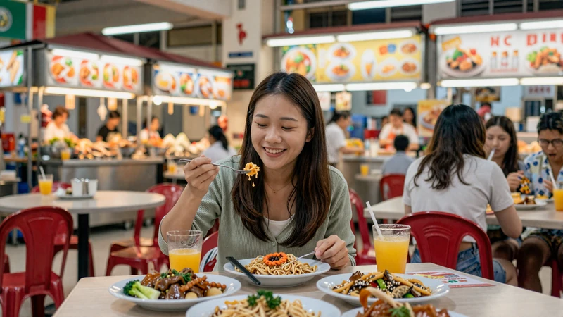 Young Singaporean woman enjoying diverse hawker center cuisine illustrating food-centric dating culture in Singapore