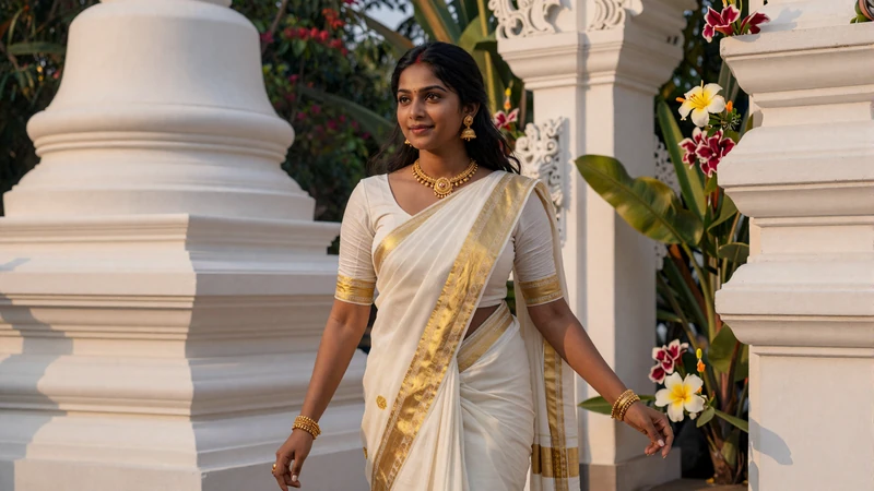 Sri Lankan woman in traditional Kandyan sari near Buddhist temple representing cultural heritage central to Sri Lankan women dating