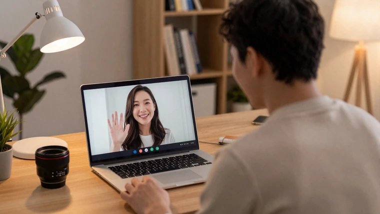 Man video chatting with smiling Asian woman on laptop screen in a cozy home setting