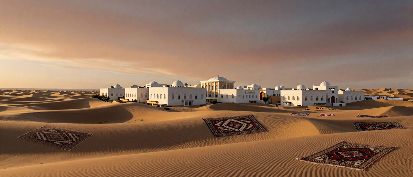 Turkmenistan golden desert landscape with white marble architecture representing the cultural heritage of Turkmen women dating