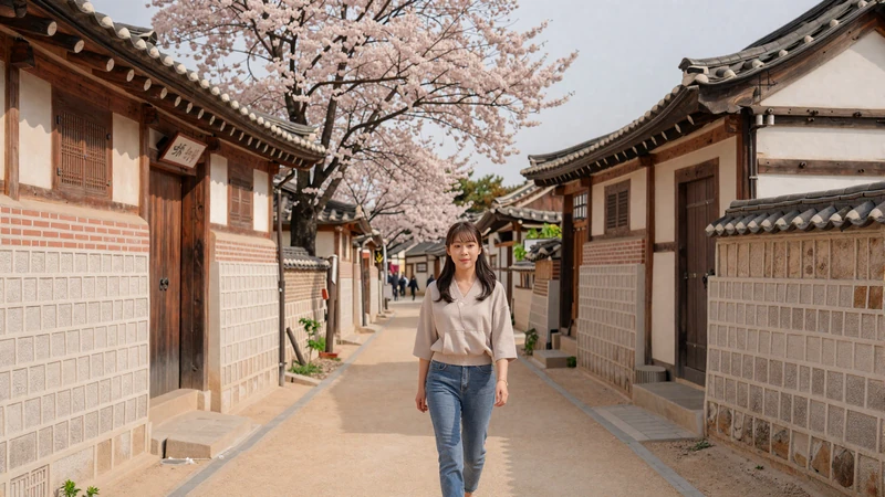 Young Korean woman walking through Bukchon Hanok Village Seoul blending modern style with traditional Korean architecture for Korean dating