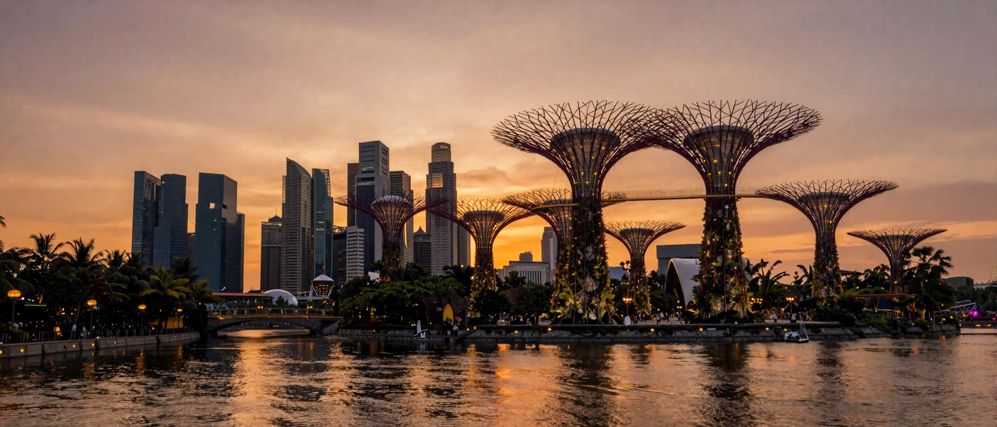 Singapore Marina Bay skyline at golden hour with warm light reflecting on water representing modern Singaporean dating culture