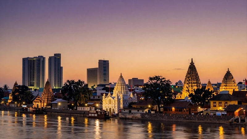 Modern Indian city skyline at dusk blending traditional temples with contemporary architecture representing India's dating culture evolution