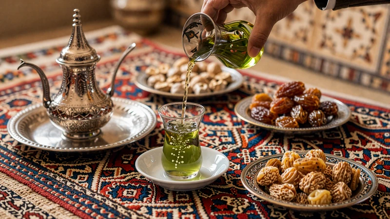 Traditional Afghan hospitality scene with green tea and dried fruits representing melmastia culture central to Afghan women dating