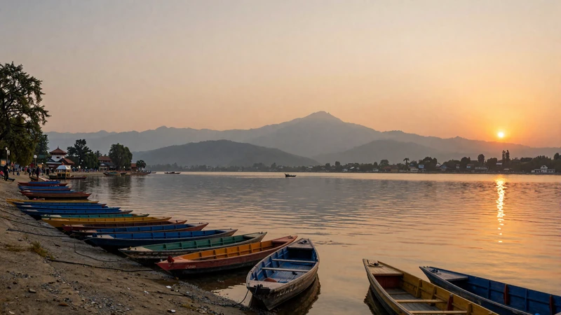 Pokhara lakeside sunset with Machapuchare mountain reflecting in Phewa Lake representing romantic Nepal setting for dating