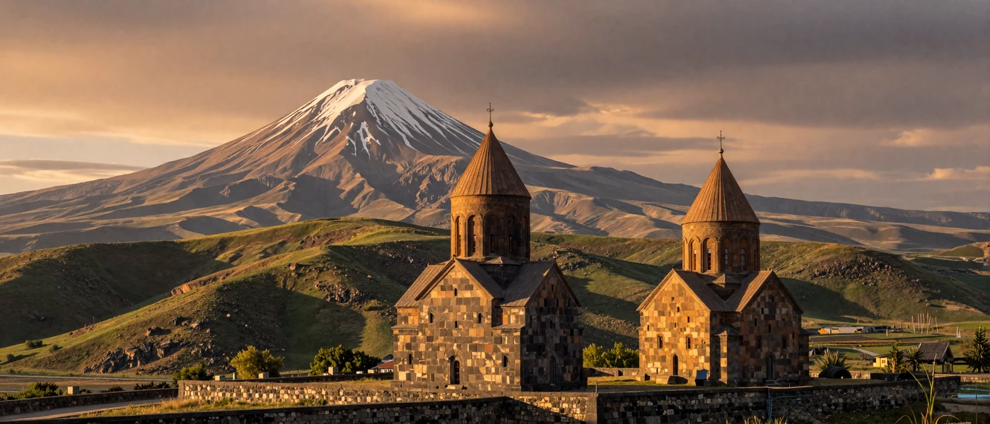 Mount Ararat and ancient Armenian monastery at golden hour representing Armenian cultural heritage and dating traditions