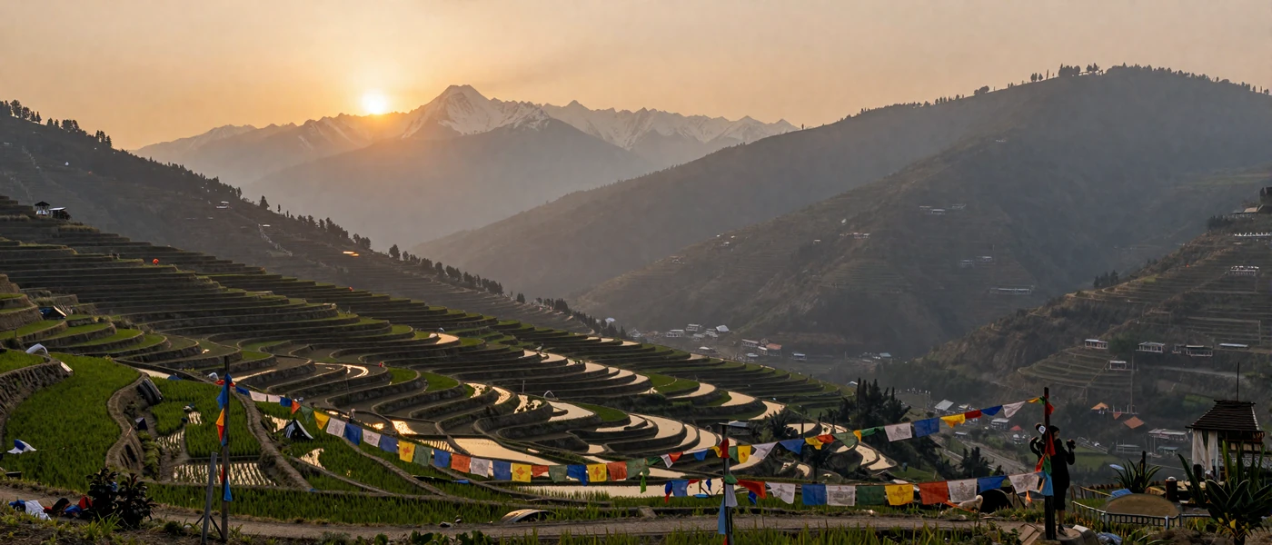 Nepal Himalayan foothills with terraced rice fields and prayer flags at golden hour representing Nepali culture