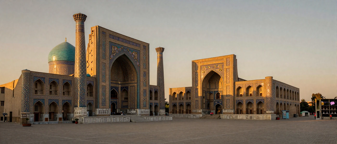 Registan Square in Samarkand Uzbekistan at sunset showcasing iconic Silk Road architecture and turquoise tilework