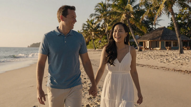 Happy Western man and Asian woman walking together on a sunset beach, representing successful asian women dating