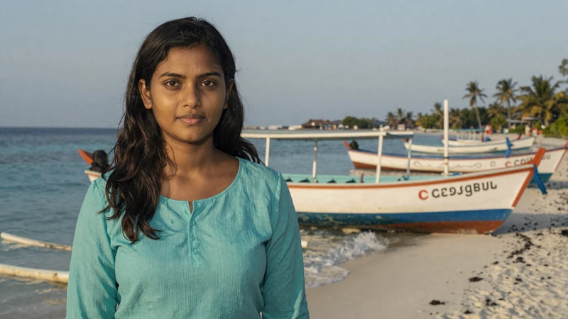 Maldivian woman at a traditional harbor with colorful dhoni boats illustrating island community warmth in Maldivian women dating