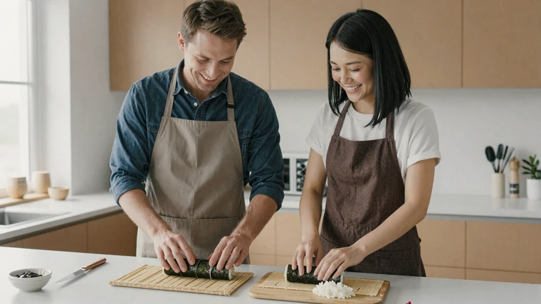 Couple making sushi together in a bright kitchen as an asian cuisine date idea