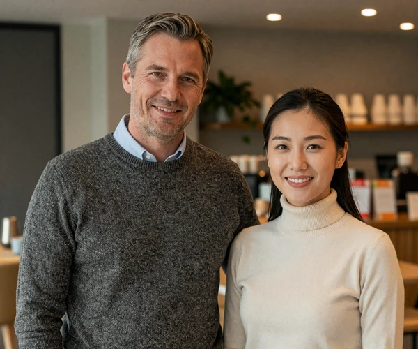 James and Mei in a cozy cafe - their Asian dating success story