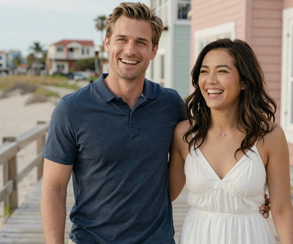 David and Maria laughing together on a boardwalk - met through Asian dating platform