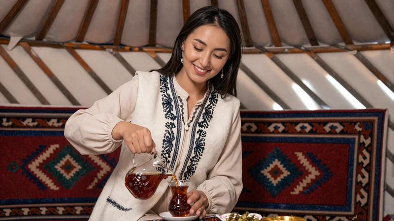 Kyrgyz woman in traditional embroidered vest serving tea inside a decorated yurt showcasing nomadic hospitality traditions central to Kyrgyz women dating culture