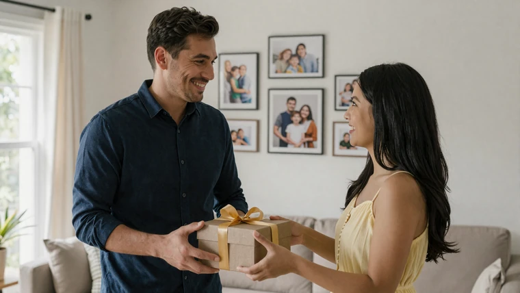 Western man presenting gift to his Asian girlfriend during first in-person meeting
