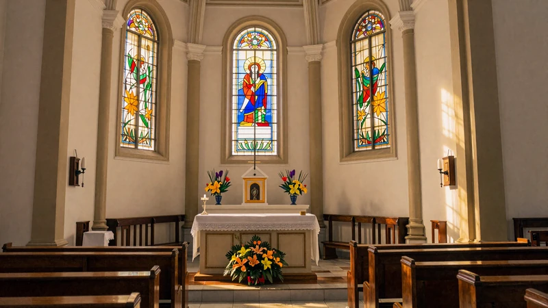 Beautiful Catholic church interior in Dili East Timor with golden light symbolizing the deep faith central to Timorese women dating culture