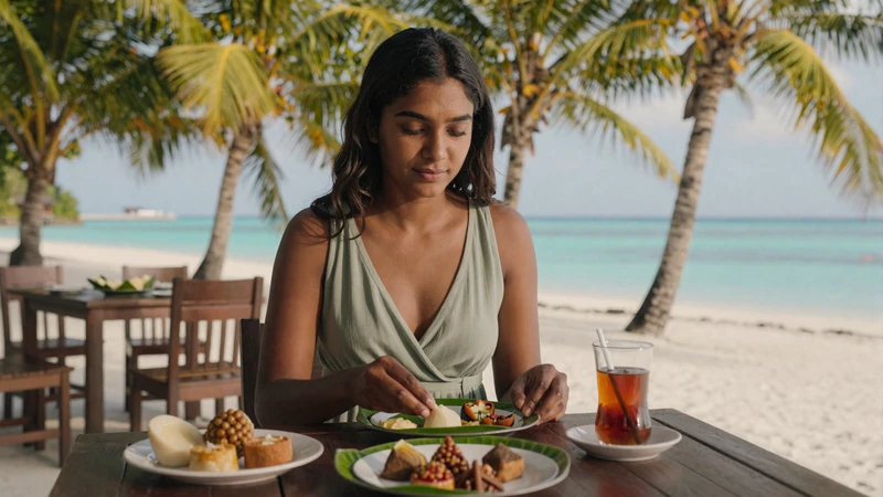 Maldivian woman enjoying traditional short eats at a beachside cafe representing dating culture and cuisine in the Maldives
