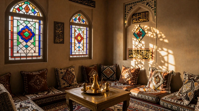 Traditional Yemeni interior with qamariyya stained glass windows showcasing Arabian architectural beauty in context of Yemeni culture and dating