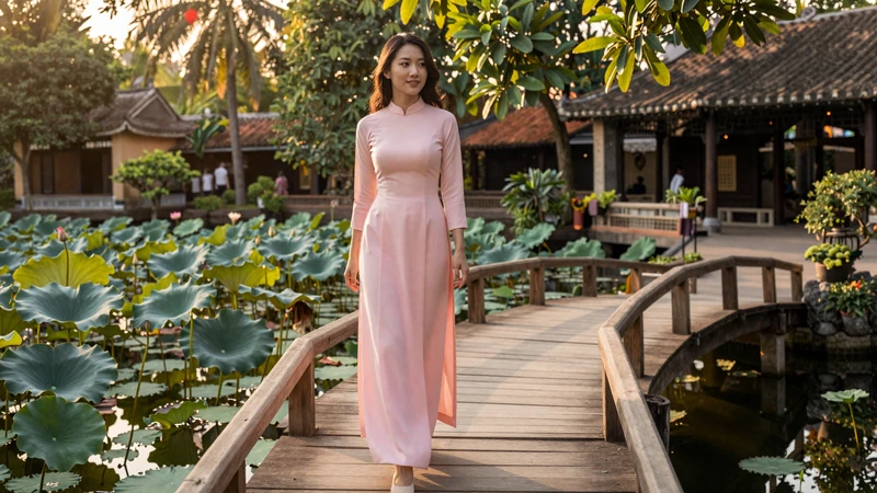 Vietnamese woman in ao dai-inspired outfit walking through traditional garden representing Vietnamese women dating culture and elegance