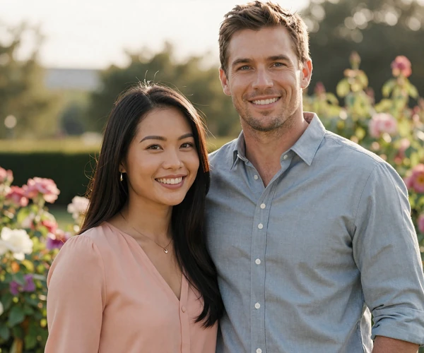 Michael and Linh smiling together in a garden - a couple who met on Go Dating 121