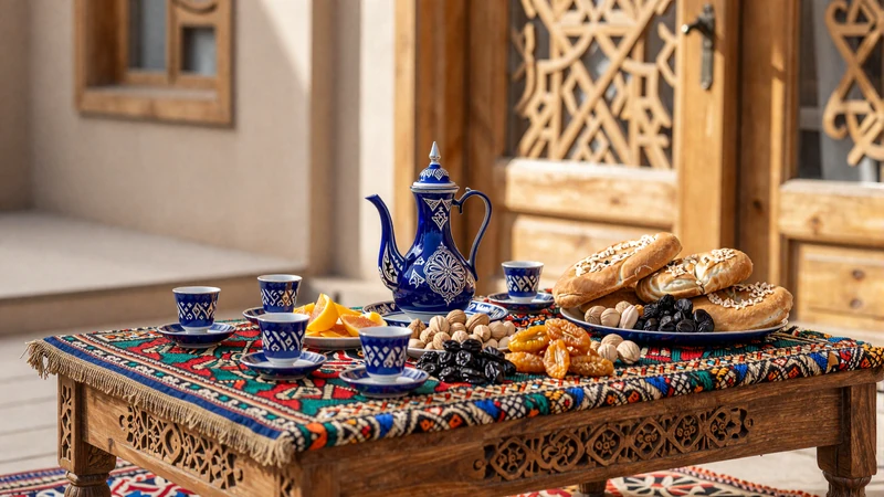 Traditional Uzbek tea ceremony with ornate ceramic piala cups dried fruits and suzani cloth showcasing mehmon-navozlik hospitality culture