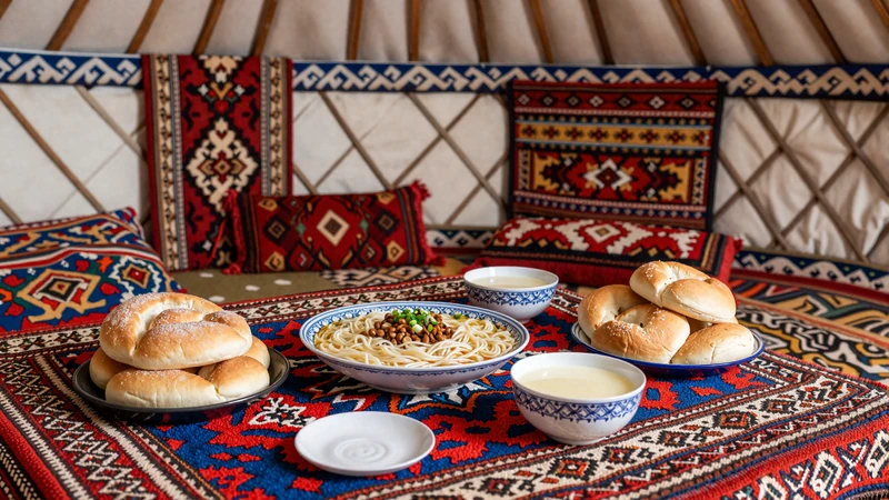 Traditional Kyrgyz dastarkhan feast with beshbarmak and boorsok inside a decorated yurt representing nomadic culinary traditions important in Kyrgyz women dating