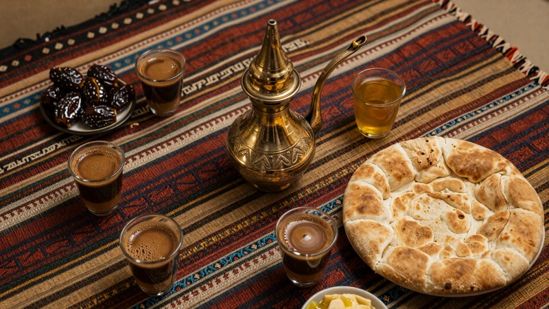 Traditional Yemeni hospitality with qishr coffee and dates representing the karam culture central to Yemeni women dating