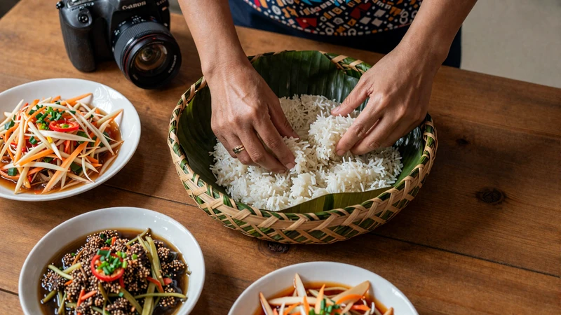 Traditional Lao sticky rice basket with laap and papaya salad representing the communal dining culture central to Laotian women dating traditions